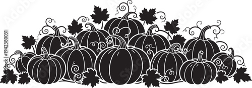Black and white illustration of pumpkins and leaves arrangement
