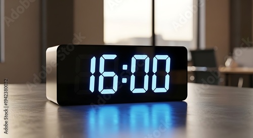 A digital clock sitting on a table in an office