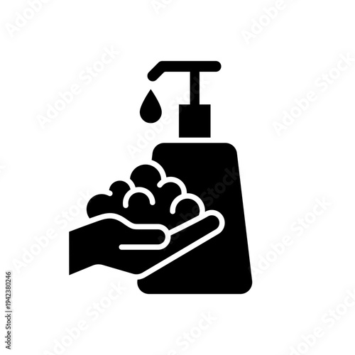 Foam cream and Soap bubbles bottle on hand line icon set, label, badge, logo, symbol, sign, black, line, vector, isolated illustration. Washing hands to keep clean health care icon. Bath shampoo icon.