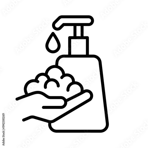 Foam cream and Soap bubbles bottle on hand line icon set, label, badge, logo, symbol, sign, black, line, vector, isolated illustration. Washing hands to keep clean health care icon. Bath shampoo icon.