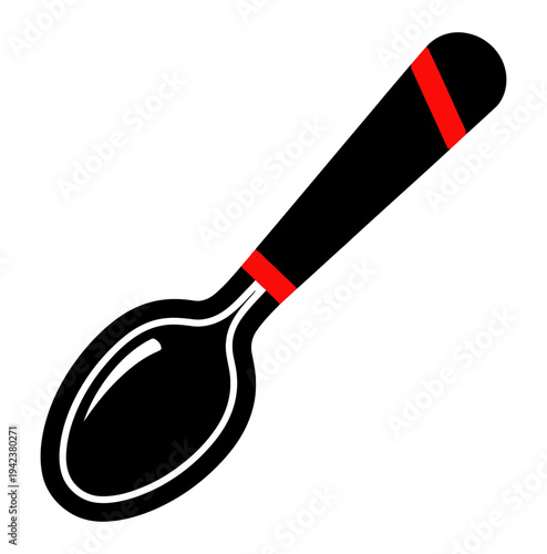 A black spoon with red stripes is viewed from above on a clean white surface illustration
