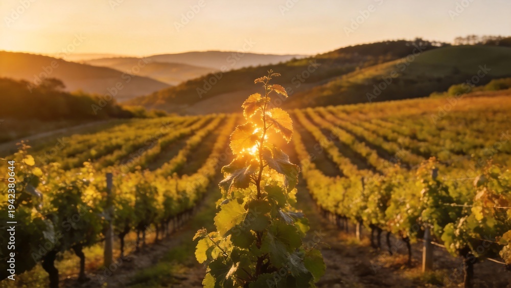 Obraz premium Sunlit vineyard rows in rolling hills