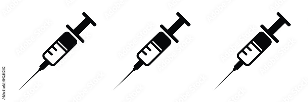 Fototapeta premium Collection of Syringe Injection Silhouette Icon Vector Set, black medical illustrations isolated for logo design, featuring vaccine syringes and healthcare symbols ideal for clinics, hospitals