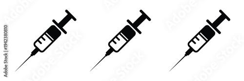 Collection of Syringe Injection Silhouette Icon Vector Set, black medical illustrations isolated for logo design, featuring vaccine syringes and healthcare symbols ideal for clinics, hospitals