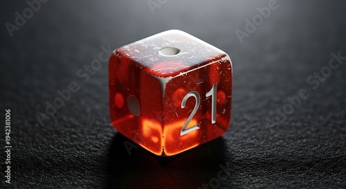 A red dice with the number 21 on it