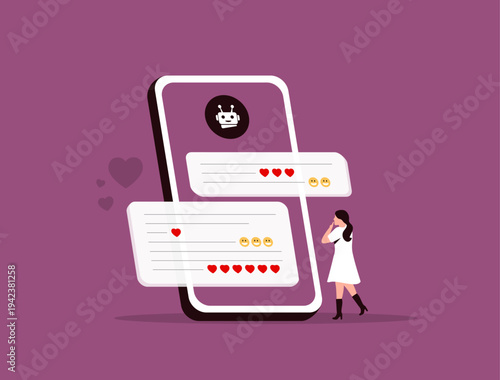 AI romantic chatbot companion, virtual girlfriend interaction, emotional attachment to AI lover, intimate digital relationship concept, user romantic engagement with chatbot, flat vector illustration
