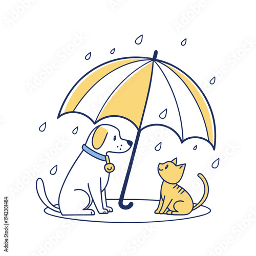 a vector illustration of a  Friendship, care, and protection between pets. Illustration of a dog sitting under an umbrella during a rainy day. 