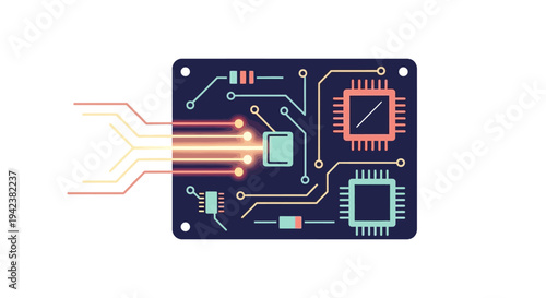 Digital Circuit Board with Glowing Data Flow and Microchips