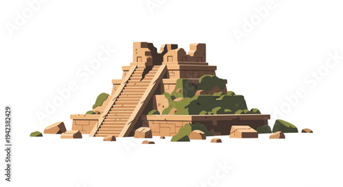 Ancient Ruins Temple Pyramid with Stone Steps and Green Moss