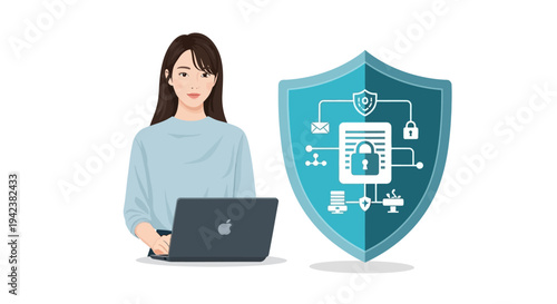 Woman with Laptop and Security Shield Icon