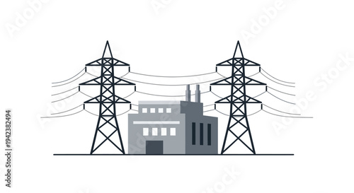 Industrial power plant with transmission towers and electrical lines