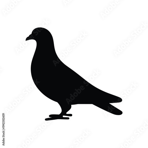 A simple black silhouette of a pigeon standing in profile view