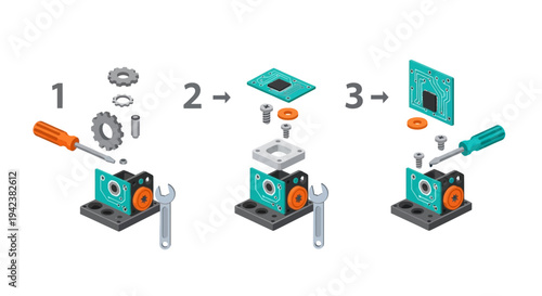 Electronic Circuit Board Assembly Steps: Screwdriver, Gears, Wrench