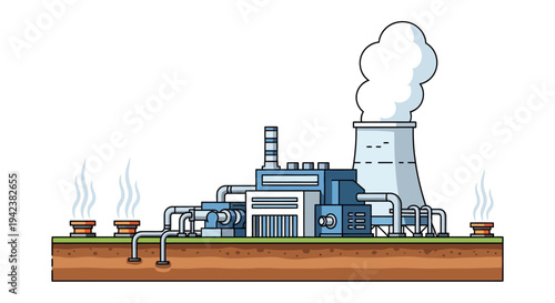 Industrial Power Plant with Cooling Tower and Steam Emission