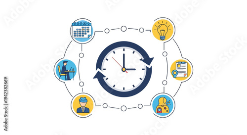 Project management timeline concept with clock and icons, workflow illustration