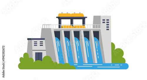 Modern hydroelectric power plant with flowing water, renewable energy concept
