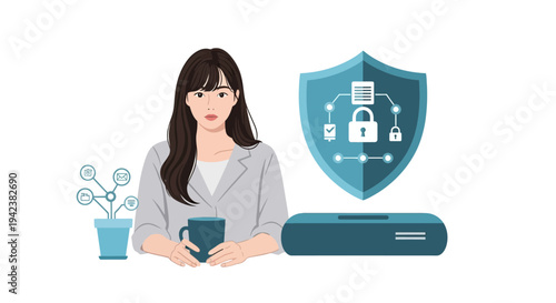 Businesswoman with digital security shield and network icons