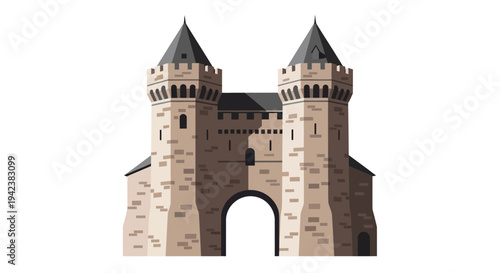 Medieval Castle Gate with Towers and Archway, Stone Fortress Entrance