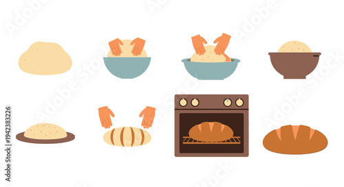 Bread Baking Process Icons: Dough, Kneading, Rising, Oven, Baked Loaf