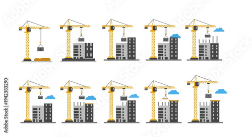 Construction Process: Building a Skyscraper with Crane, Step-by-Step Sequence