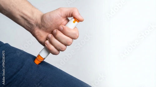 Hand holding an epinephrine auto-injector pen for allergy treatment  