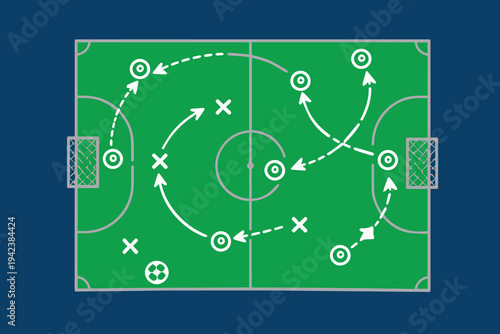 Futsal game tactic template vector with sketch arrows, circles, and shapes on the court, presenting a clear coaching board used to study strategy, passing routes, and team positioning.