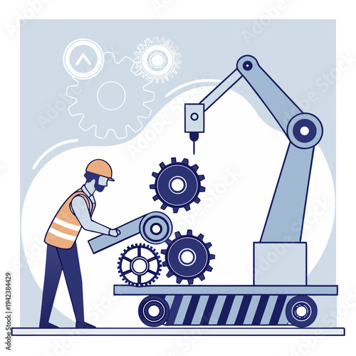 A worker in a hard hat operates a robotic arm to assemble gears on a factory production line