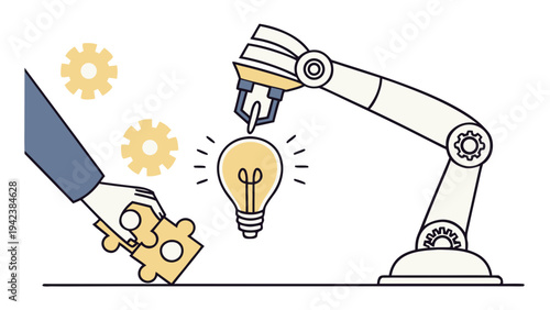 A robotic arm and a human hand connect a puzzle piece with a lightbulb idea