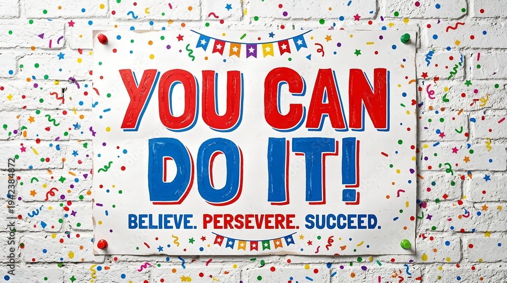 Fototapeta premium Motivational poster with colorful confetti and bold text 'you can do it' on white brick wall background