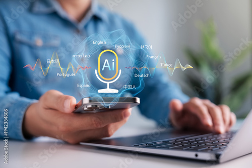 Person using smartphone for AI voice translation in multiple languages. Global communication with speech recognition software and multilingual support. Advanced artificial intelligence tech.
