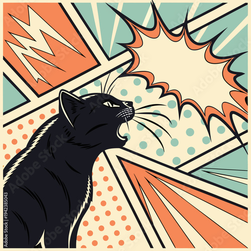 A black cat meowing loudly in a comic book style illustration with a colorful background