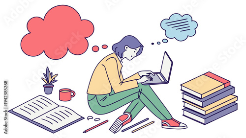 A young woman sitting with a laptop surrounded by books and studying in a peaceful environment