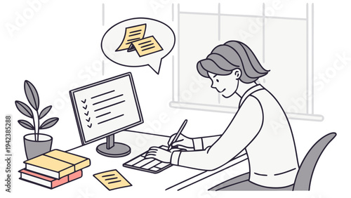 A woman sitting at a desk working on a computer with a thoughtful expression