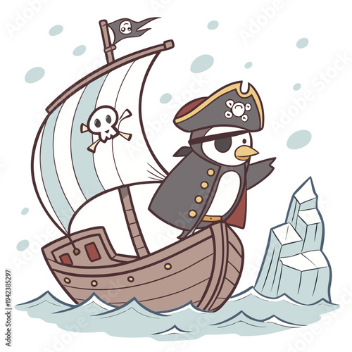 A cartoon penguin pirate sailing a wooden ship with a skull flag near an iceberg
