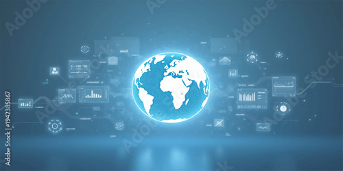Blue digital world map and globe illustration representing a global business and communication network concept with modern internet technology on a glowing blue planet sphere vector design