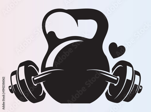 Cute kettlebell with barbell weights and heart design isolated illustration