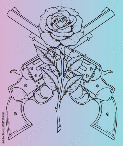 Illustration of revolvers crossed with a rose in vintage style