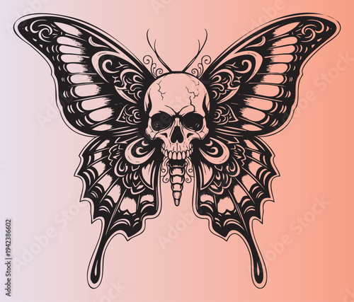 Intricate skull with decorative butterfly wings illustration design