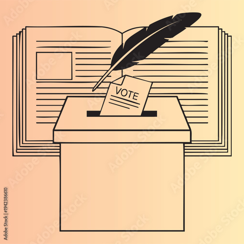 Illustration of a voting ballot box with open book and feather quill