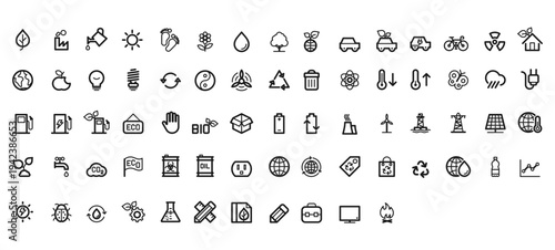 Basic ecology and environmental icons collection with leaf, tree, earth, recycling, water drop, sun, renewable energy