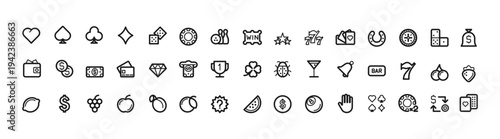 Classic casino and gambling icons collection with poker chips, dice, cards, slot machine, roulette wheel