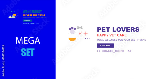 Creative Travel and Pet Care Services Website Design Layout with Modern Flat Graphic Elements.