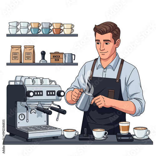 Barista making coffee with espresso machine, steaming milk, and cups