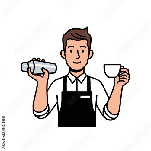 Barista making coffee with shaker and cup, professional coffee preparation, cafe service