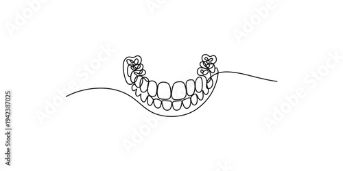 A line drawing of dentures with flowers on the sides teeth dental