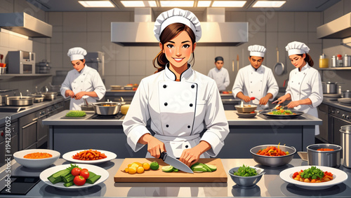 Cooking Class with Culinary Students Preparing Dishes Vector Illustration