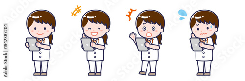 タブレットを使う「半袖医師」の女性