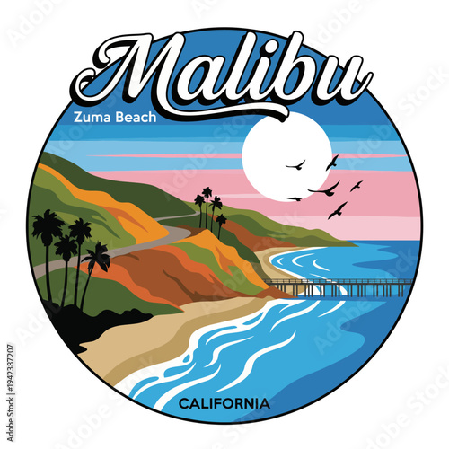 Fotografija This vibrant coastal view captures Zuma Beach in Malibu, characterized by lush, colorful cliffs and a beautiful ocean sunset, inviting relaxation and the joy of beach life