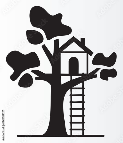 Whimsical treehouse with ladder in a tree illustration