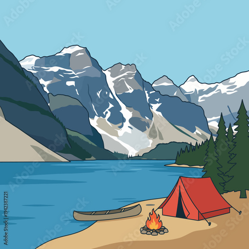 An idyllic camping scene with a bright red tent near a serene lake, surrounded by majestic snow-capped mountains and lush greenery, inviting exploration and tranquility in nature.